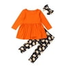 3Pcs Toddler Baby Girls Halloween Outfit Long Sleeve Ruffle Tops Dress+Pumpkin Pants+Headband Clothes Set