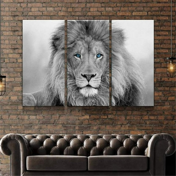 3 Panel Canvas Wall Art Blue Eyes Wild Animals Lion Black White Lion King Wall Paintings Canvas Poster for Wall Decor for Men Living Room Bedroom with Wooden Frame Ready to Hang 16*24inch*3pcs