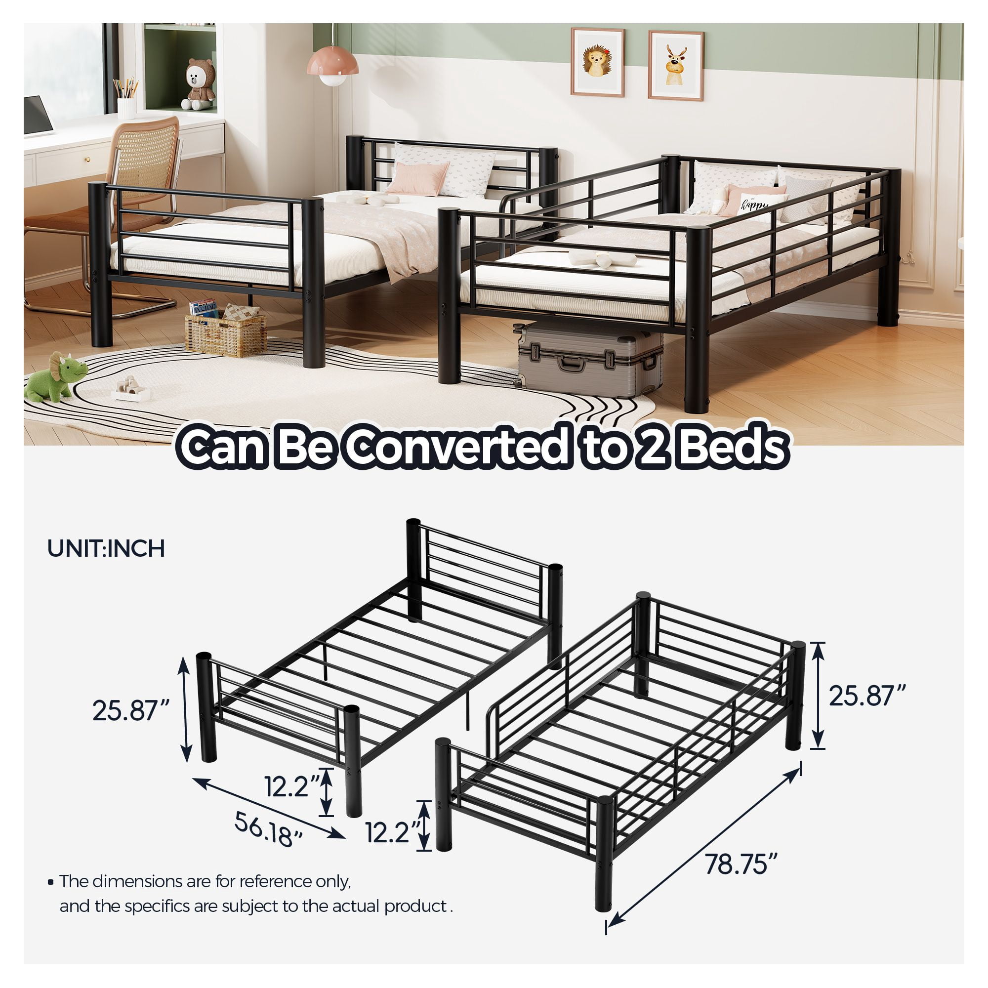 Alvantor Convertible Twin over Twin Metal Bunk Bed with 2" Steel Tube Frame, Black