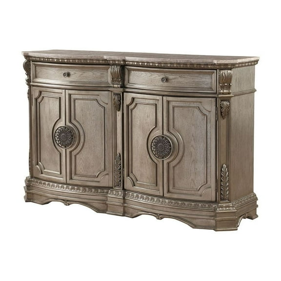 ACME Northville 2-Drawer Marble Top Wooden Server with 4 Doors in Antique Silver