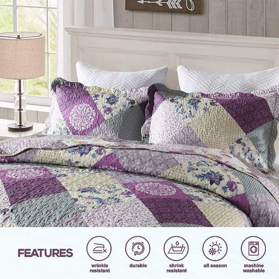 Size Quilt Set - 3 Pieces  Patchwork  Quilt with 2 Pillowcases, Lightweight Reversible Country Bedspread with Floral Design