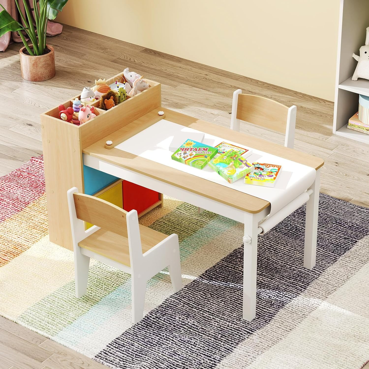 INFANS Kids Table and Chair Set, Toddler Art Craft Play Wood Activity Desk with 2 Chairs 4 Storage Canvas Bins Paper Roll for Writing Drawing, Children Furniture for Daycare Nursery