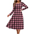 thumbnail image 6 of Miqool Womens Plaid Midi Dress, Pleated Crew Neck Long Sleeve Work Dresses, Loose Fit Holiday Daily Dresses, 6 of 6