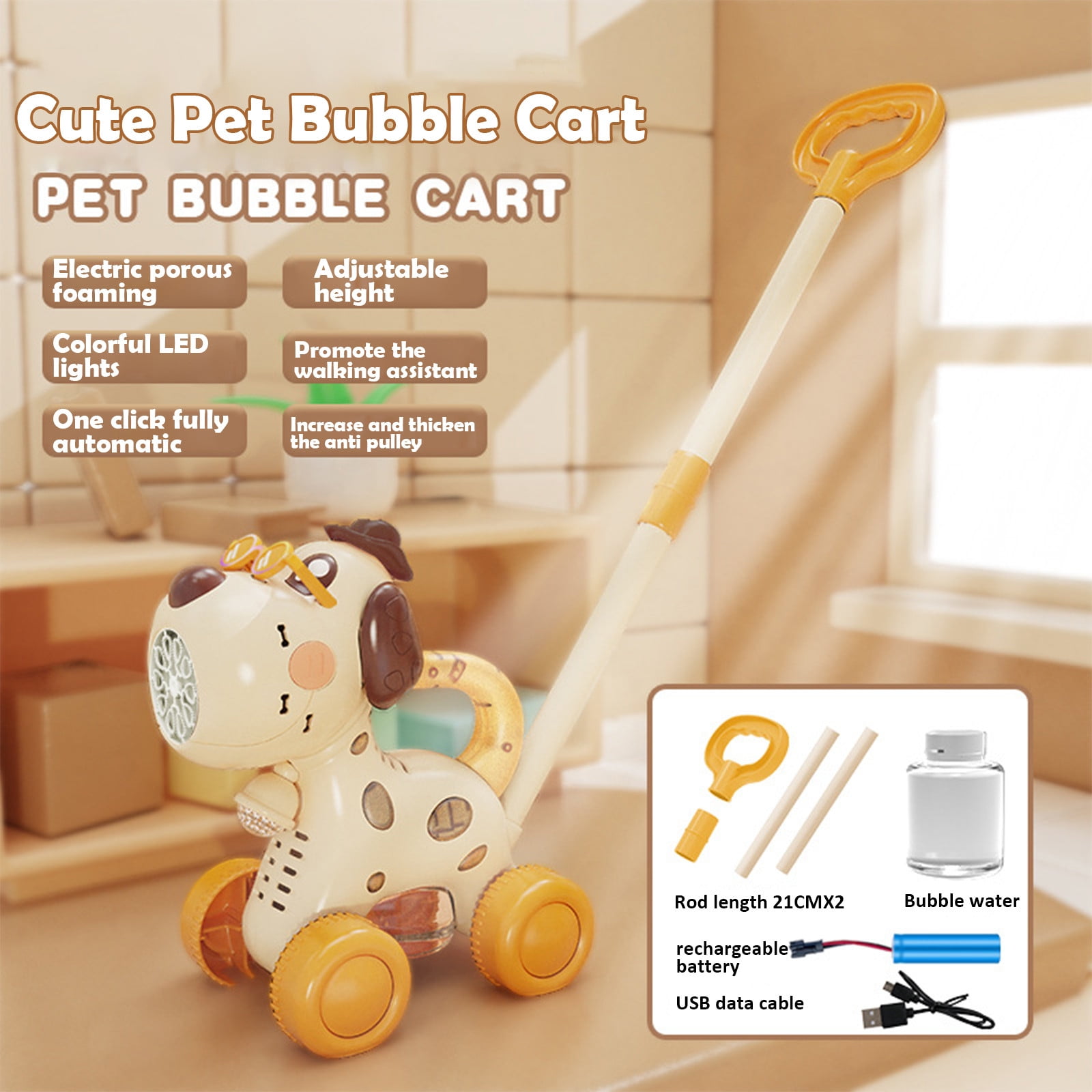 Dog Push Bubble Machine, Automatic Bubble Blower with Music and Colorful Bubble Effects, Portable Outdoor Bubble Maker with Handle Rod and 90ml Bubble Solution