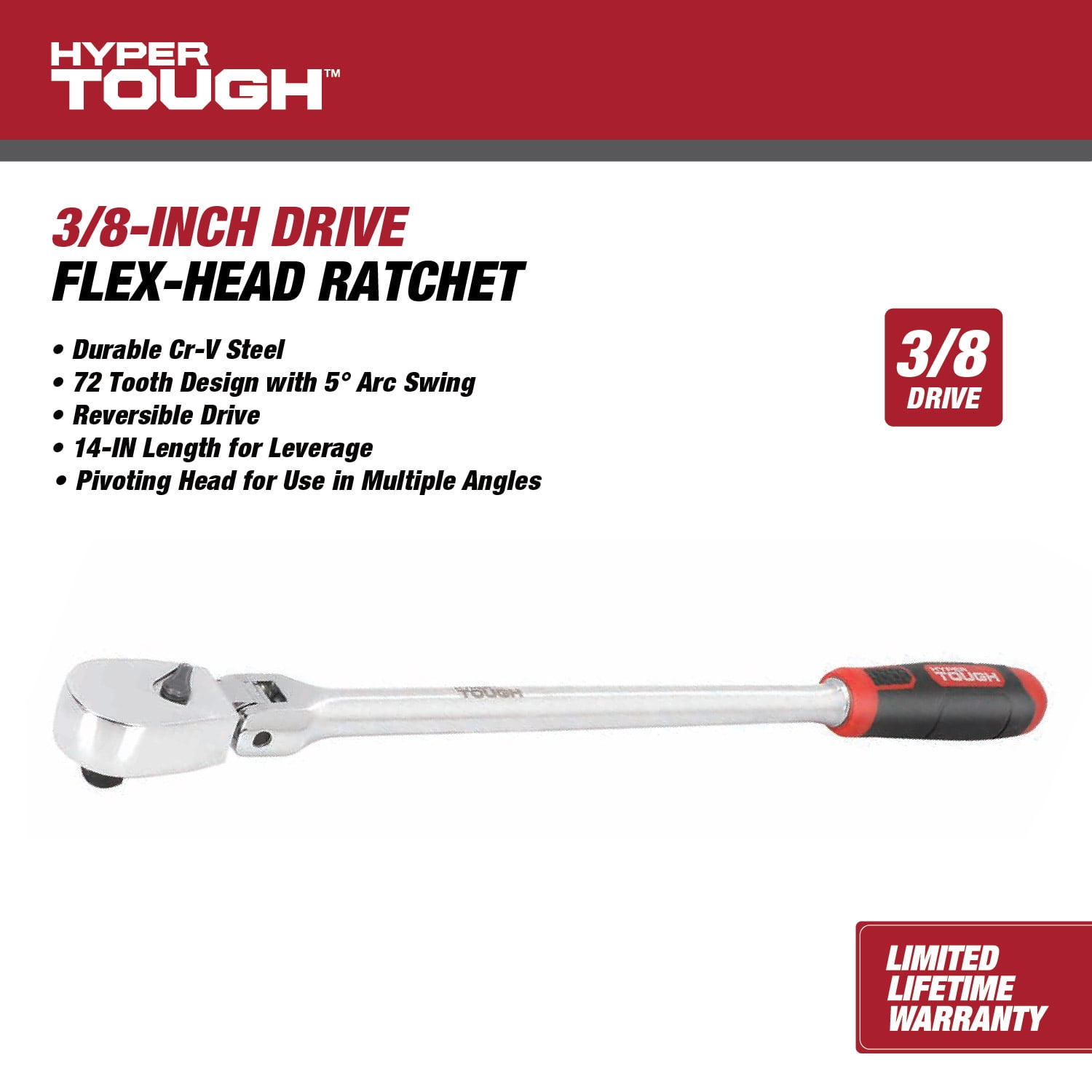 Hyper Tough 3/8-inch Drive 14-inch Flex-Head Ratchet