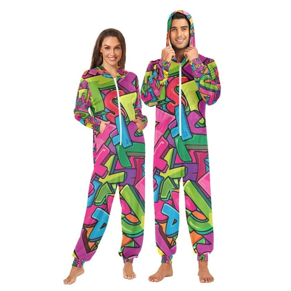 Cute Words Adult Onesie Pajamas Slim Fit Christmas One Piece Suit Pjs for Women and Men Hooded Zipper