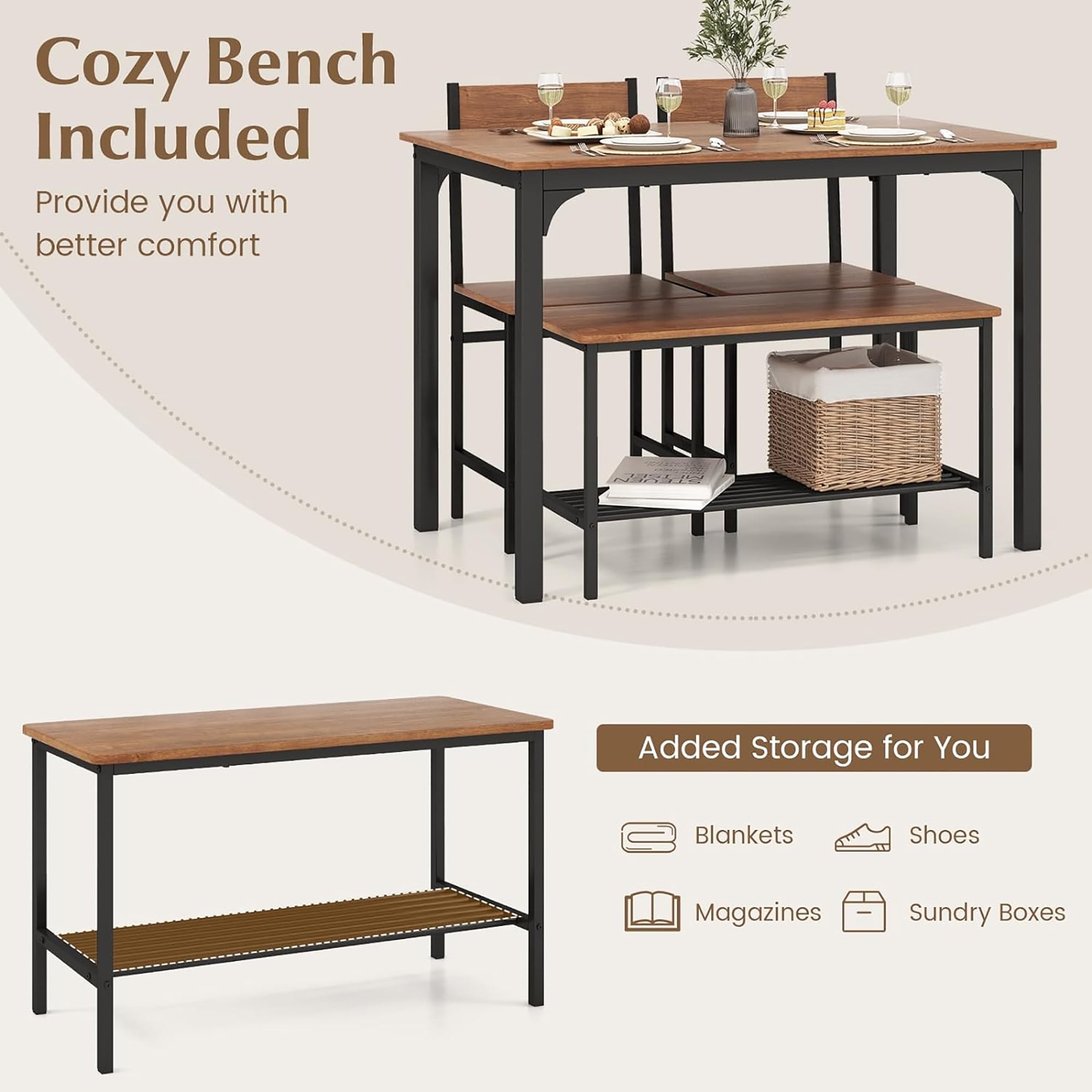 Gymax 4pcs Dining Table Set Rustic Desk 2 Chairs & Bench w/ Storage Rack Brown