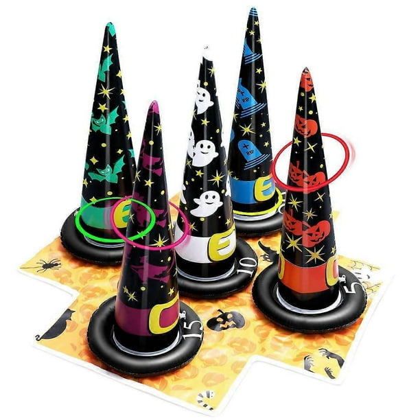 Juego de lanzamiento de anillos para Halloween, 5 sombreros de bruja inflables, 10 anillos de plástico para fiestas de Halloween, carnavales y escuelas.
