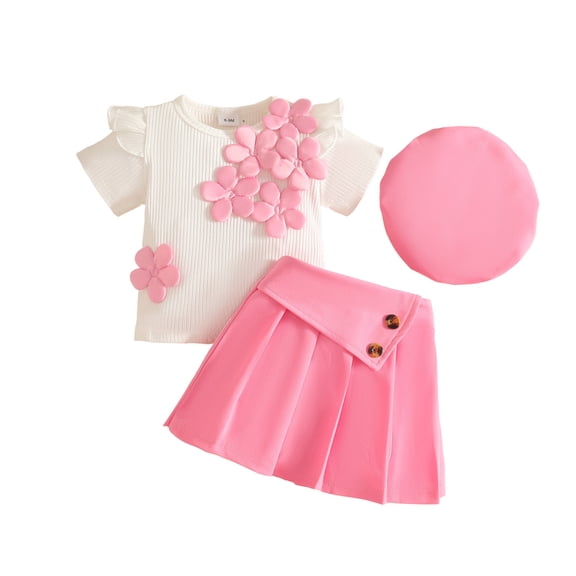 JAJAHO Toddler Baby Girls 2 Piece Skirts Set Ruffle Floral Short Sleeve T Shirt Pleated A-Line Skirt With Beret Hats 3 Piece Set 0-3Y Stylish Outfit