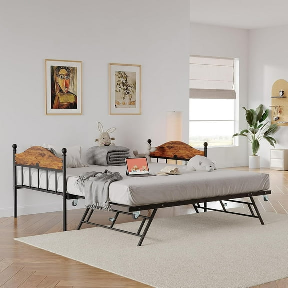 Twin Daybed with Pop-Up Trundle, Metal Frame with Stylish Headboard, Heavy Duty Steel Slats Platform, Convertible Sofa Bed for Living Room, Guest Room & Bedroom, Brown