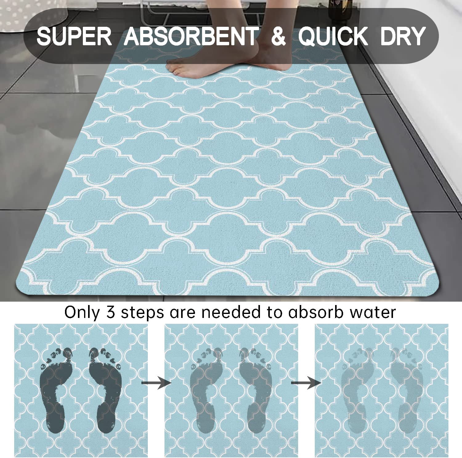 Light Blue Bath Mat 20"x32" Non Slip Quick Dry Super Water Absorbent Bath Floor Mats Modern Bathroom Rug Washable Luxury Thin Bathroom Rugs Fit Under Door