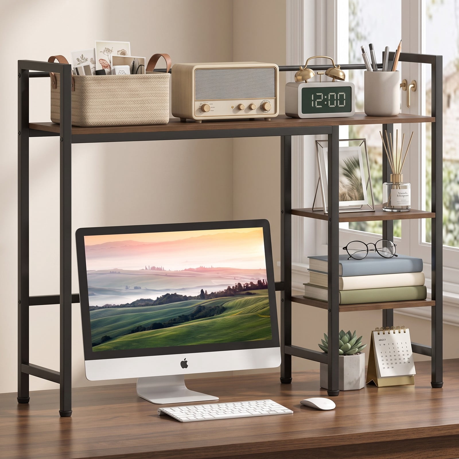 Furnibear Desktop Bookshelf 38.5 Inch Wide Storage Display Rack, Countertop Bookcase Organizer with Metal Frame for Home Office Desk, Living Room and, Rustic Brown