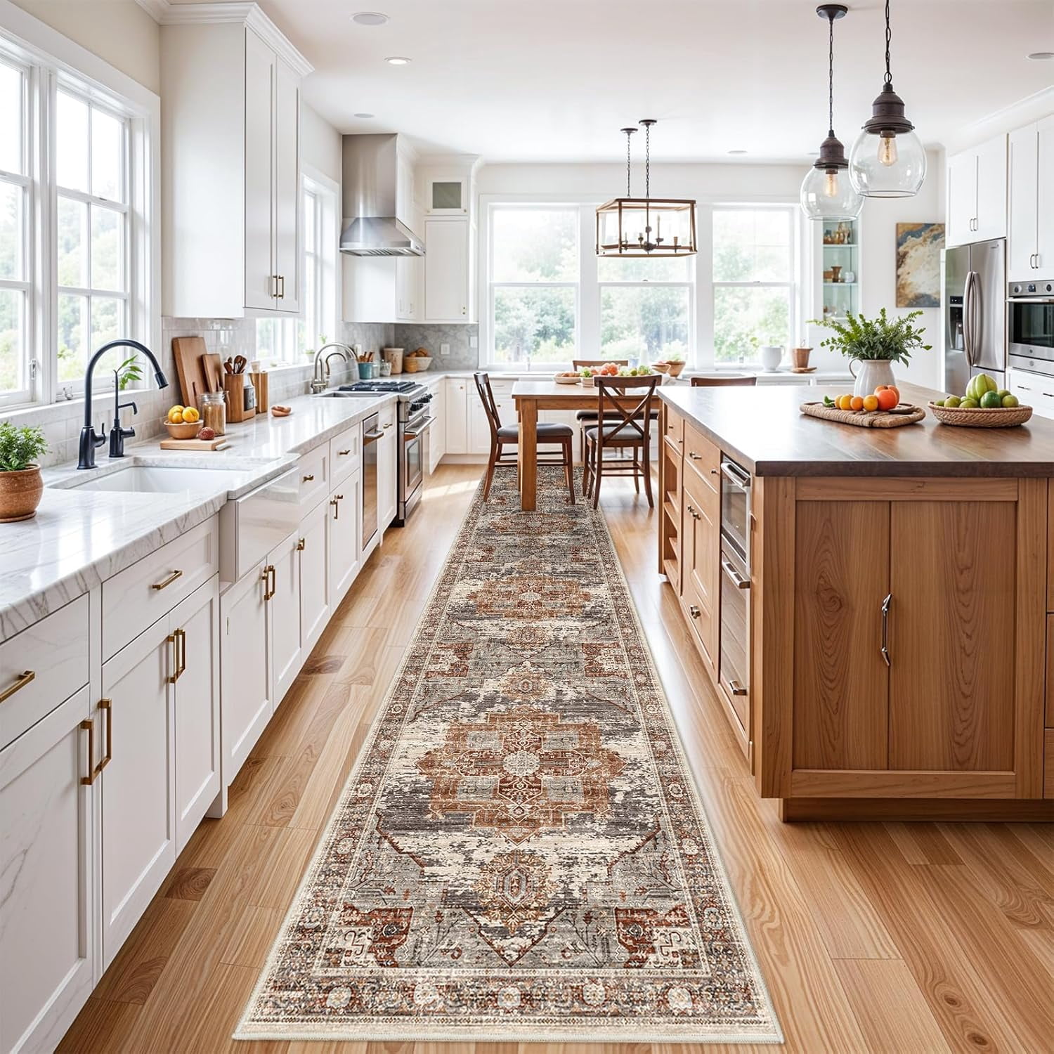 RUUGME Washable 3X14 Runner Rugs - Large Boho Rugs for Living Room Stain Resistant Carpet Vintage Tribal Rugs for Bedroom Kitchen Bathroom Non Slip Backing Home Decor Floor Decoration Mat 3X14 Brick