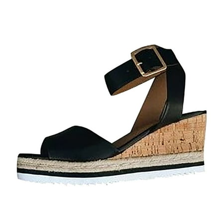 

Retro Womens Fashion Open Toe Ankle Platform Wedges Shoes Ladies Roman Sandals PU Black sandals for Women