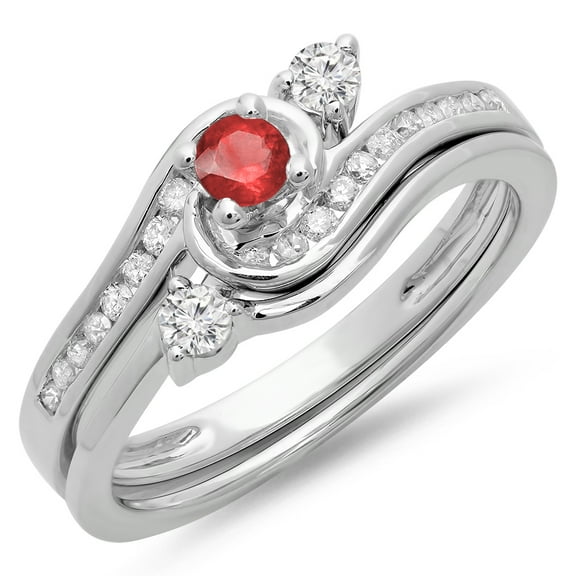 Dazzlingrock Collection 14K Round Ruby & White Diamond Bridal Twisted Swirl Engagement Ring Set, White Gold, Size 8
