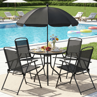 8 pc metal glass top patio table set with umbrella Phi Villa 60" Enlarged Basket-wave Sqaure Dine alfresco in the comfort of your own home with this large rectangular glass patio table Outsunny 8 Pieces Patio Table