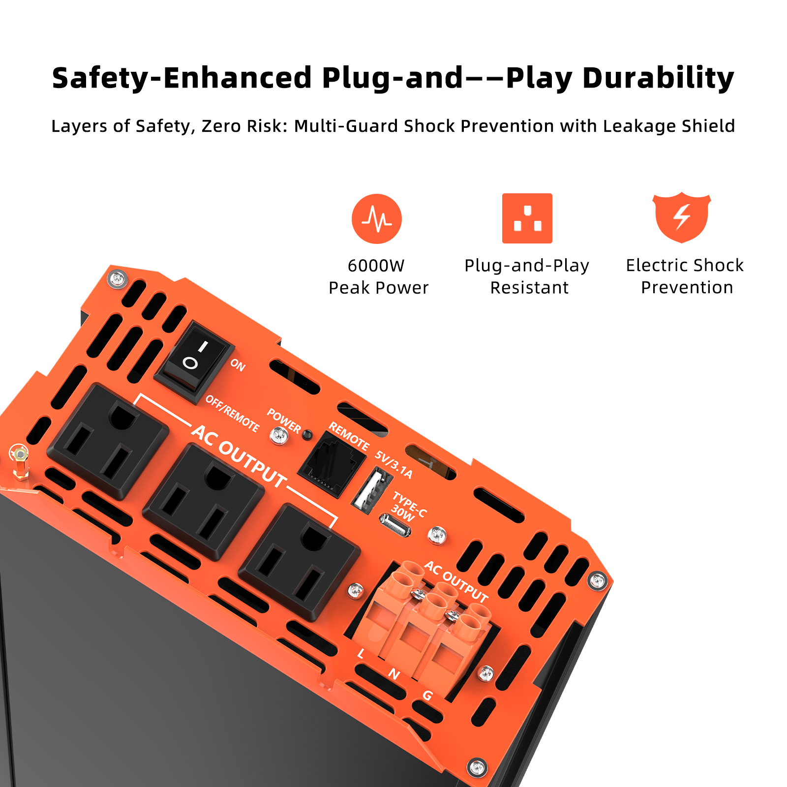 6000W Pure Sine Wave Inverter, 12V DC to 110V AC Car Power Converter, 3 AC Outlets + 2 USB Charging Ports, LCD Display, with Remote Control, Suitable for Vehicles, RVs, Camping and Home Backup Power