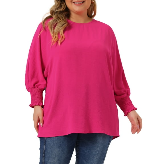 Unique Bargains Women's Plus Size Chiffon Tops Batwing Ruffle Long Sleeve Loose Blouses 1X Hot Pink