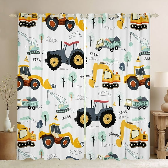 Manfei Cartoon Truck Tractor Black Out Curtains, Kids Construction Vehicle Curtains Pack of 2 (42x63 Each), Green Tree Bedroom Curtains, Luxurious Home Decor
