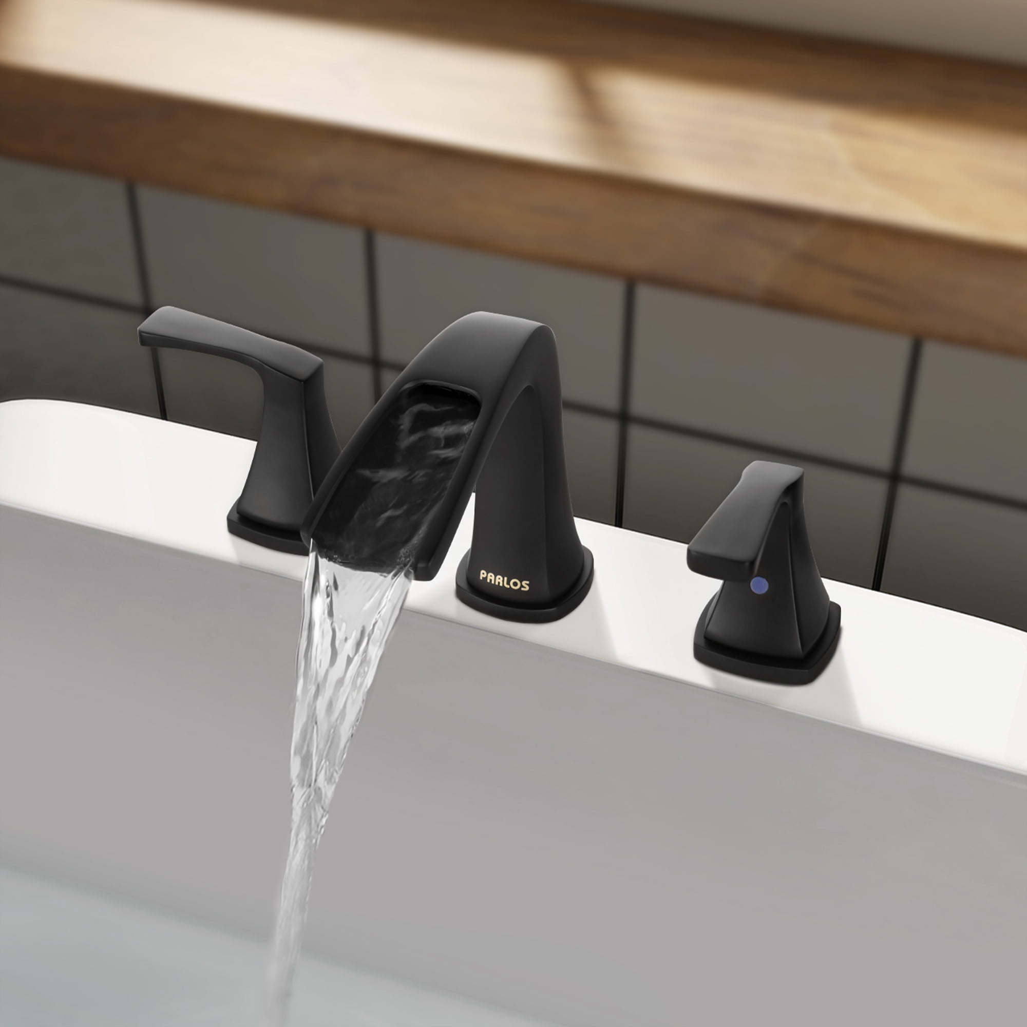 PARLOS Matte Black 2-Handle Widespread Waterfall Roman Bathtub with Hot & Cold Supply Lines