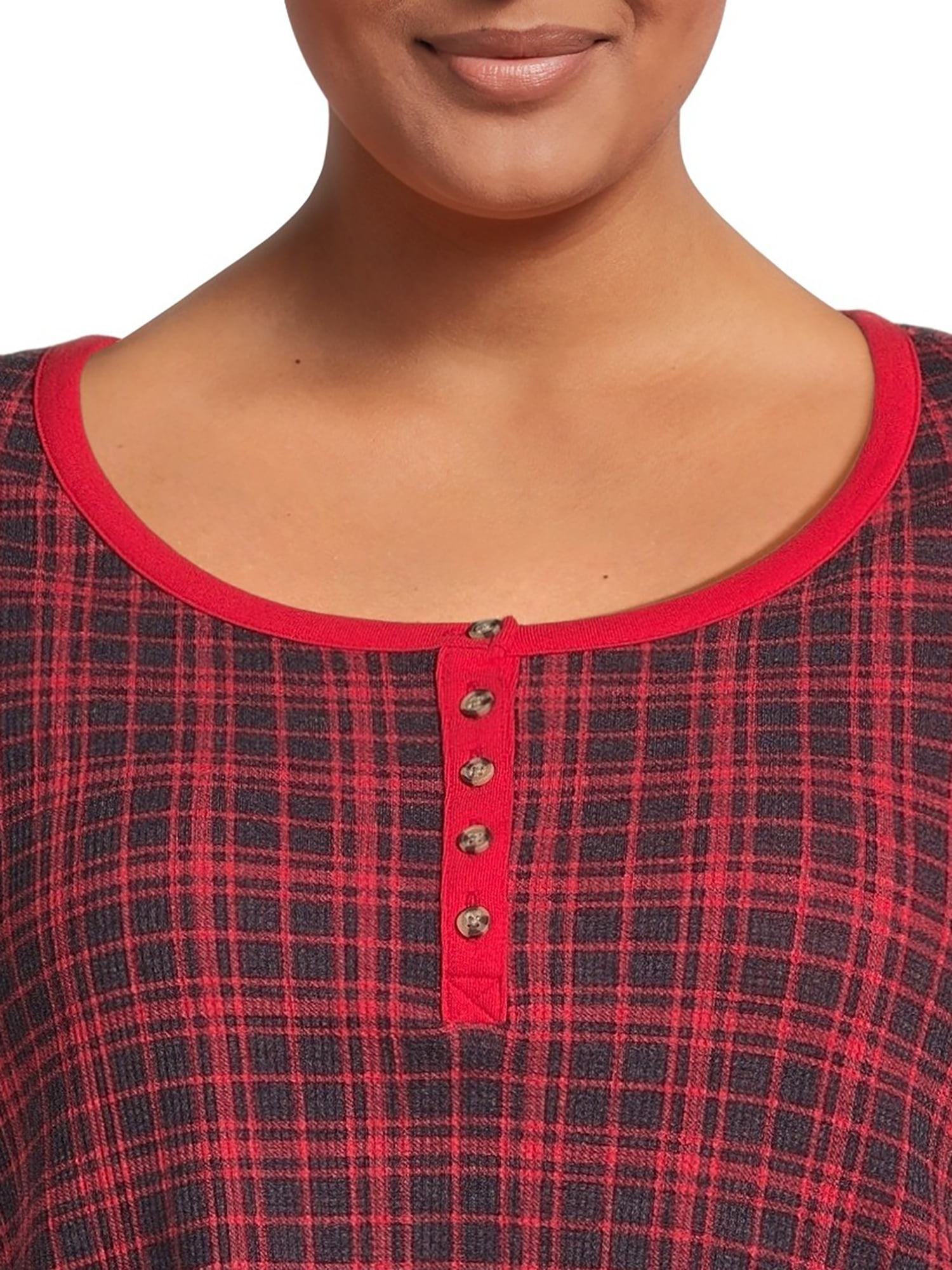 Terry & Sky Women’s Plus Size Henley Waffle Tee with Long Sleeves, 2- Pack