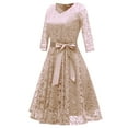 thumbnail image 2 of Jdlsppl Women's Midi Lace Dress V Neck Short Illusion Quarter Sleeve Swing Flowy Billowy Pleated Overlay Luxury Formal Dinner Evening Cocktail Party Homecoming Skater Dress Apricot Large, 2 of 3
