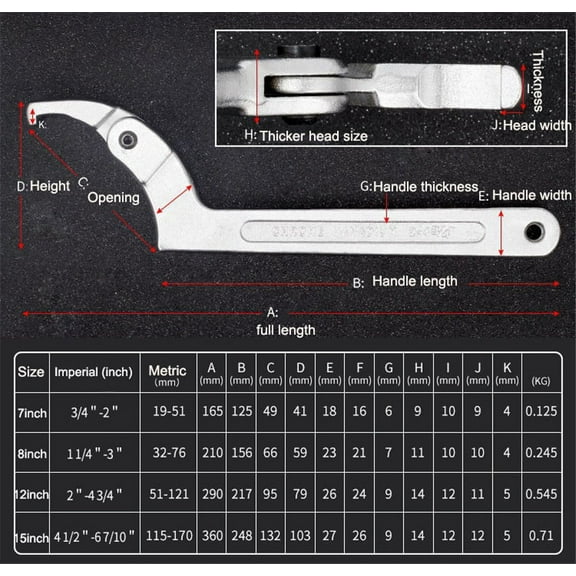 Adjustable 7" Hook Wrench Spanner Square Head 3/4"-2" Motorcycle Suspension Tool
