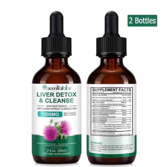 Liver Support Liquid Drops with 1000mg Milk Thistle, Artichoke Extract & Dandelion - Supports Healthy Liver Function & Digestive Wellness, 2 Bottle