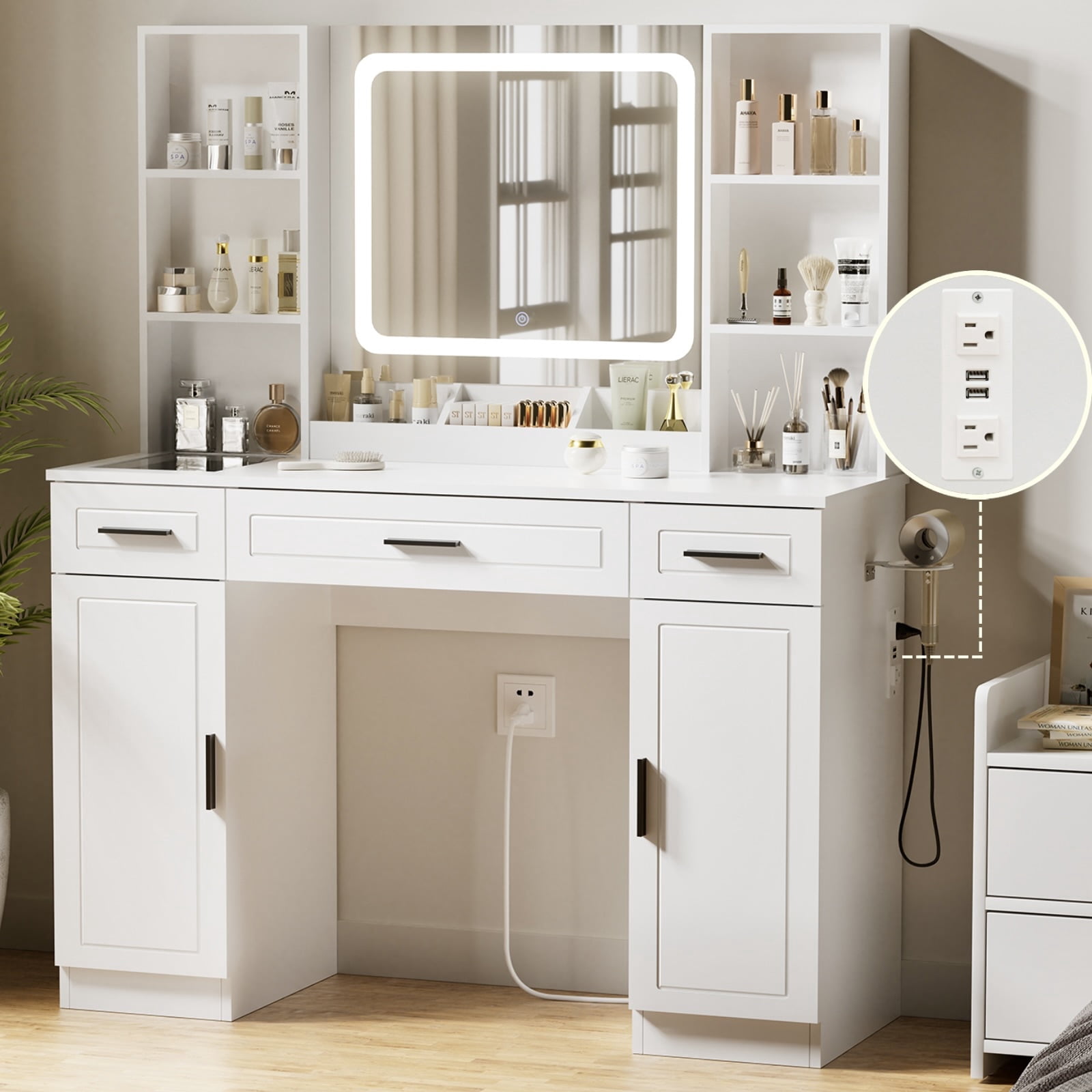Hommpa Vanity Set with Mirror and Lights, White Vanity Glass Top Makeup Vanity Desk with Charging Station 3 Drawers 2 Cabinets, Vanity Table for Girls Women Dressing Table