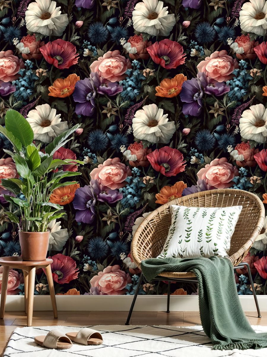 Peel and Stick Wallpaper Floral Botanical Colorful Roses Dark Wall Mural 23.6in x 9.8ft Self Adhesive Removable Wall Paper Renter Friendly Wallpaper for Bedroom
