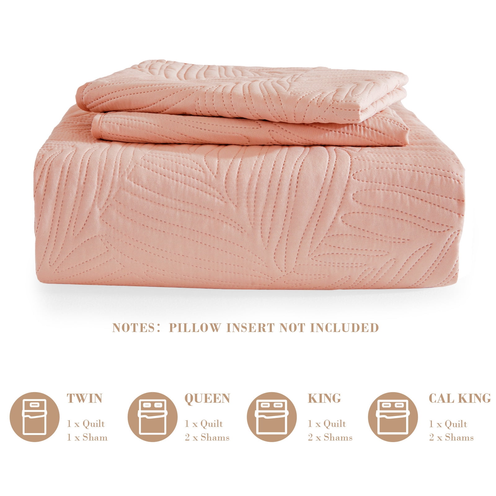 Exclusivo Mezcla Ultrasonic Full Queen Size Quilt Set Blush Pink, 3 Pieces Lightweight Bedspread Leaf Pattern Bed Cover Soft Microfiber Coverlet Bedding Set for All Seasons
