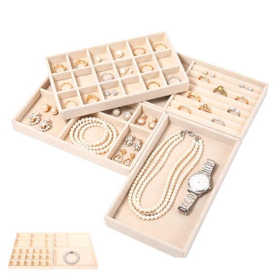 4-Pack Velvet Jewelry Organizer Trays for Drawers, Stackable Earring and Ring Insert Display, Beige