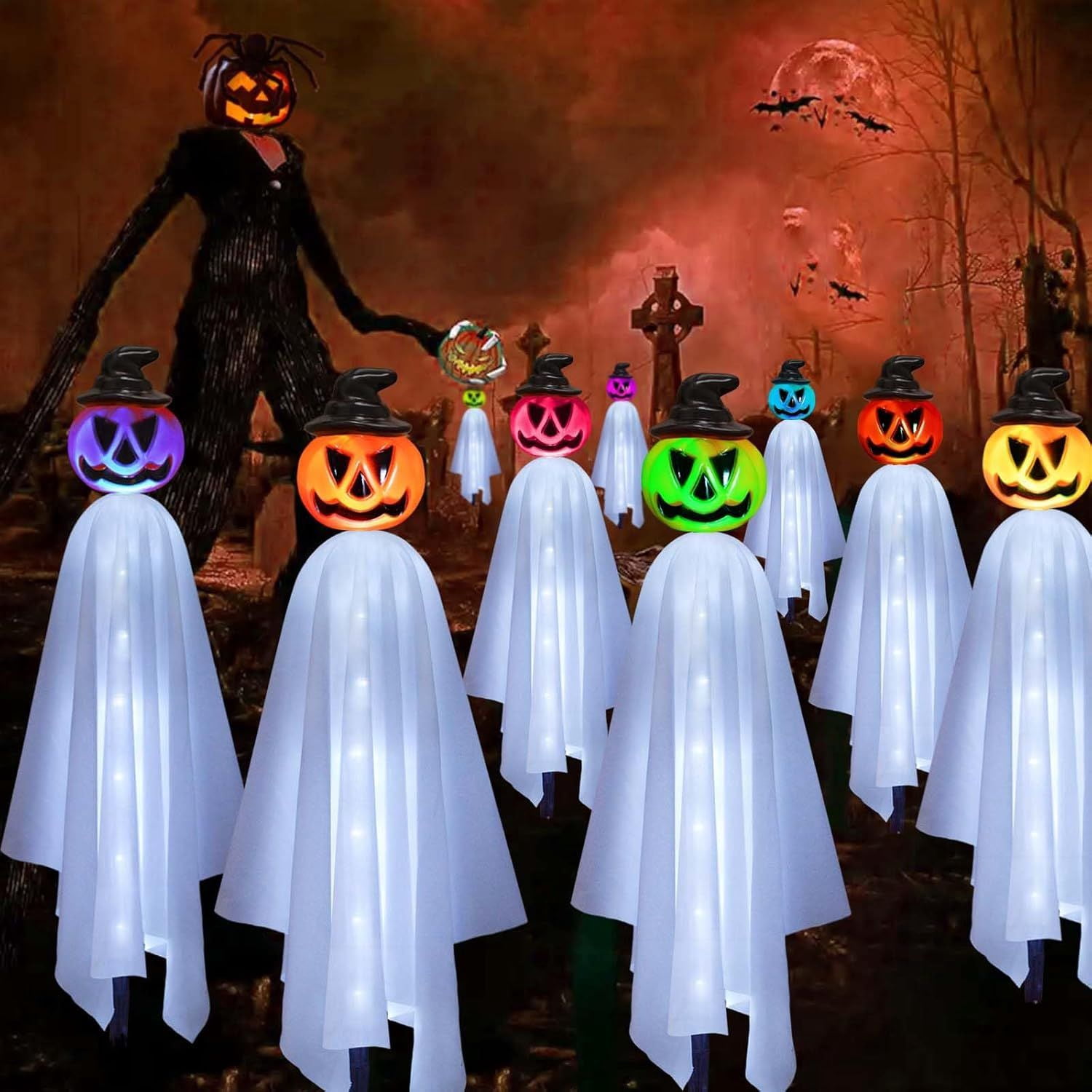 Solar Powered Pumpkin Ghost Lights for Halloween Outdoor Yard Decor