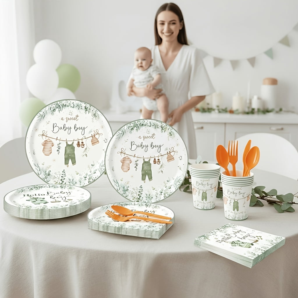 336pcs Complete Baptism & Christening Party Supplies - Disposable Dinnerware Set for 48 Guests with Green Sage Theme Plates, Cups, Napkins & Cutlery - All-in-One for Showers, Religious Celebrations