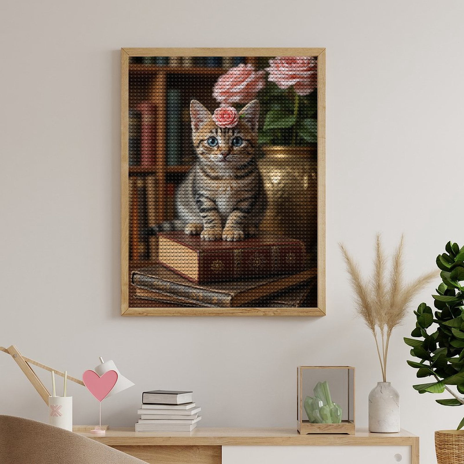 Diamond Art Kits for Adults, Cat With Pink Rose On Books 5D Diamond Painting Kits for Adults Beginners, DIY Full Drill Diamond Painting, Gem Art and Crafts 12x16