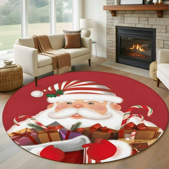 Christmas Round Rug 5ft Washable Circle Kitchen Rugs Non Slip Winter Santa Claus Xmas Gifts Candy Red Large Area Rug Indoor Floor Carpet for Bedroom Living Room Home Office Dining Room Nursery