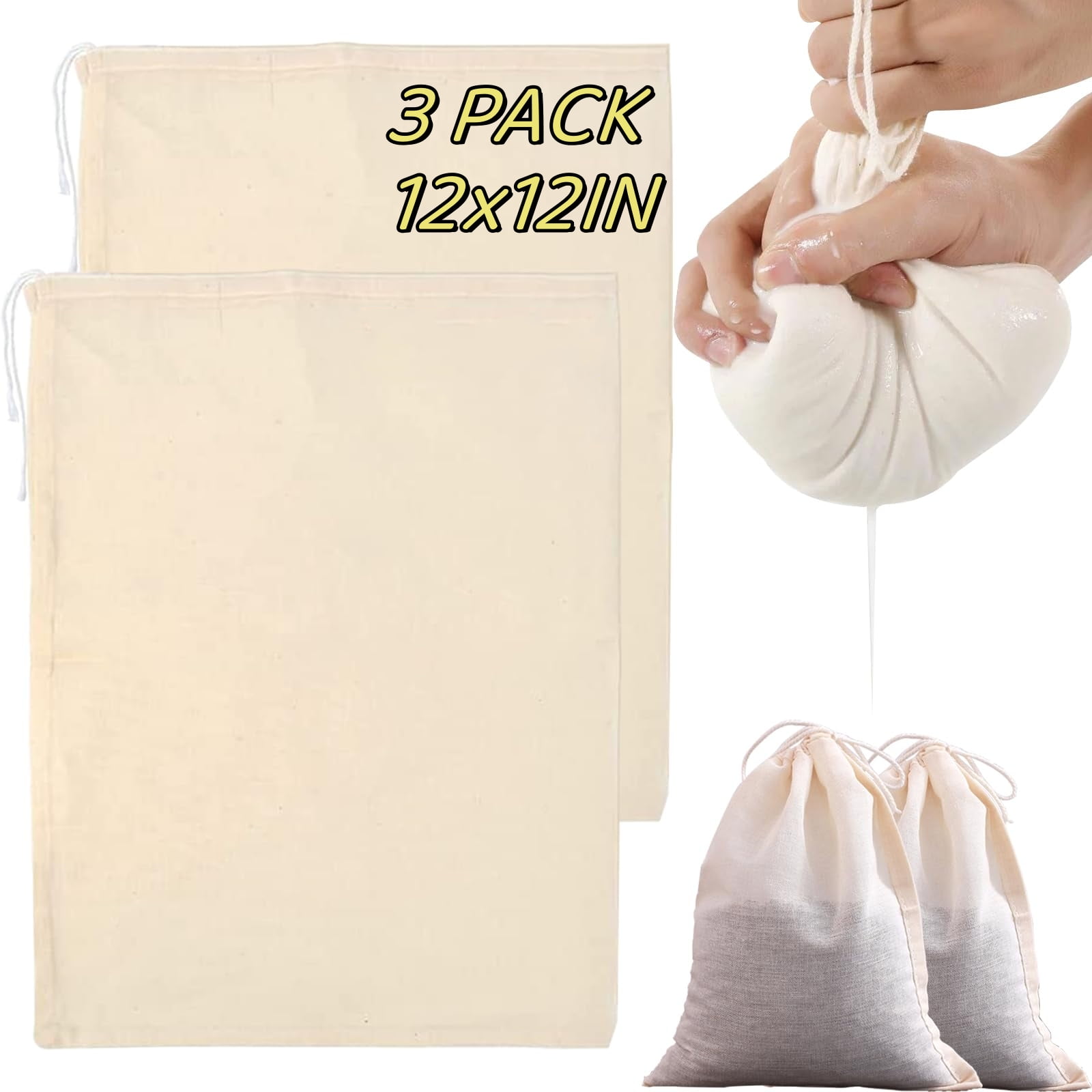 3 Pack 12x12 Inch Nut Milk Bags - Unbleached Cotton Cheesecloth, Reusable Strainer For Milk, Yogurt, Juice