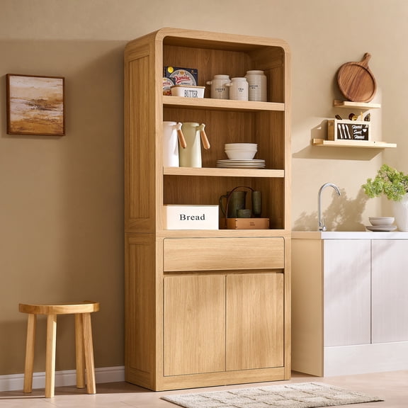 Aitjunz 71'' Tall Kitchen Storage Cabinet with Door and Drawer, Wooden Pantry Cabinet w/ Open Shelf and Adjustable Shelf, 5 -Tier Large Cabinet w/ Cured Profile Design for Dining Room