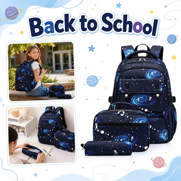 Galaxy Backpack for Boys with Lunch Box Set 3Pcs Boys Bookbag for Elementary 3 in 1 Teens Space Printed School Bag