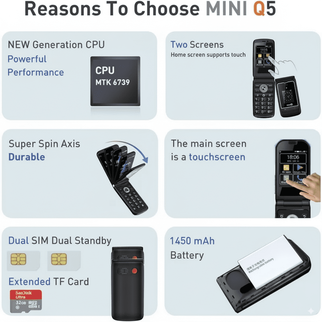 TIQ Mini US Q5 4G Smart Flip Phone - Tmobile Compatible, Android MTK6739, Multilingual Touch Screen
