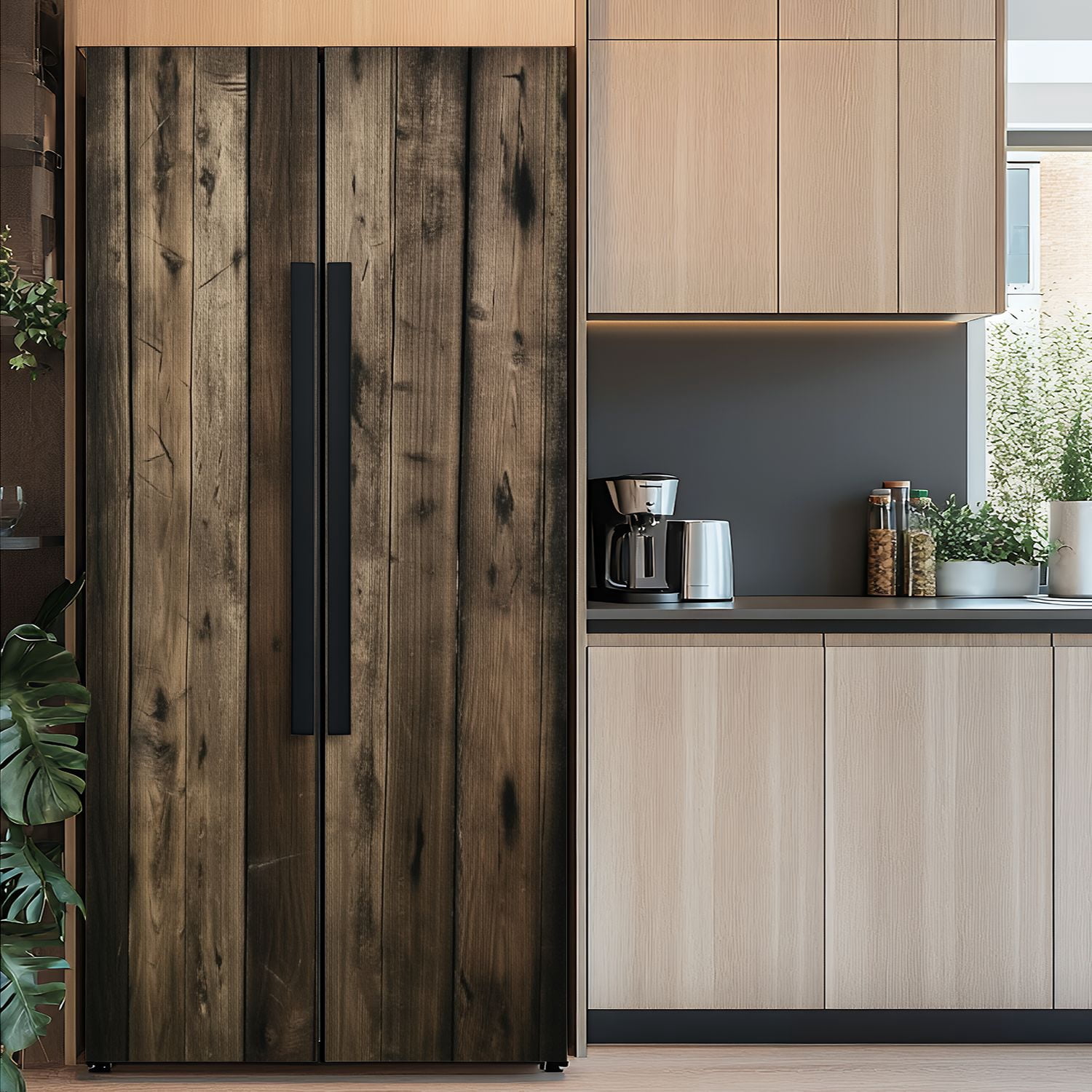 Self Adhesive Vinyl Refrigerator Wrap Set Rustic Wooden Wall Panels Natural Vintage Warm Door Mural Removable Fridge Sticker Peel and Stick&nbsp;Full Door Cover Decal Kitchen Bar Decor