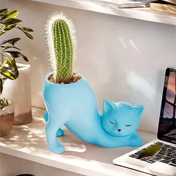 1 Bohemian Ceramic Cat-Shaped Planter - Tailless Cat Pot with Striped Oval Design, Lightweight Indoor/Outdoor Flower Pot for Succulents, Cacti, Herbs - Cute Desk or Plant for home