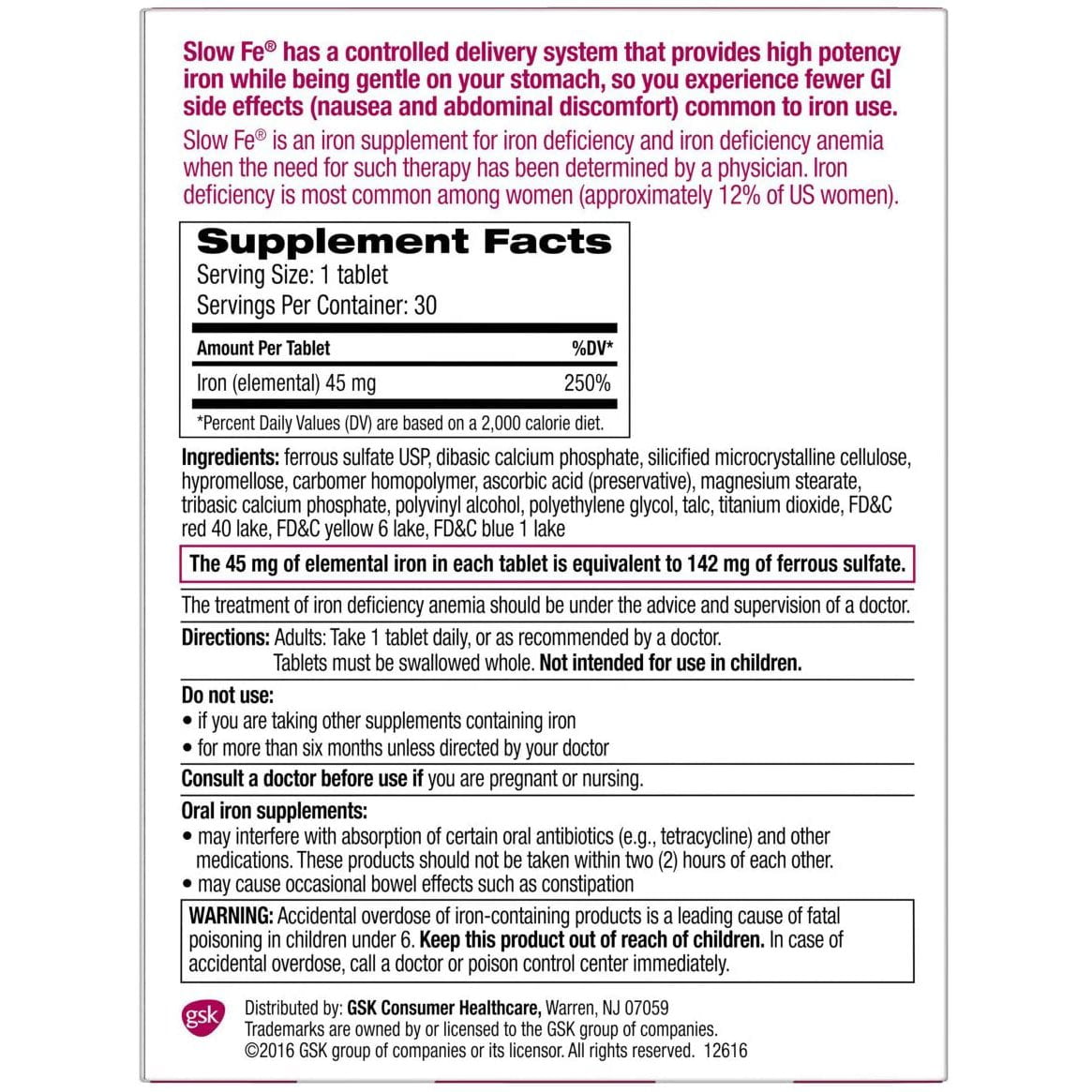 Slow Fe Slow Release Iron, Tablets 30 ea (Pack of 4)