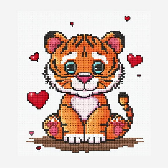 Cute Cartoon Tiger and Heart DIY 11CT Stamped Cross Stitch Kits for Beginners Easy Needlepoint Embroidery Counted Cross Stitch Art Craft for Wall Decoration 14x14inch(6)
