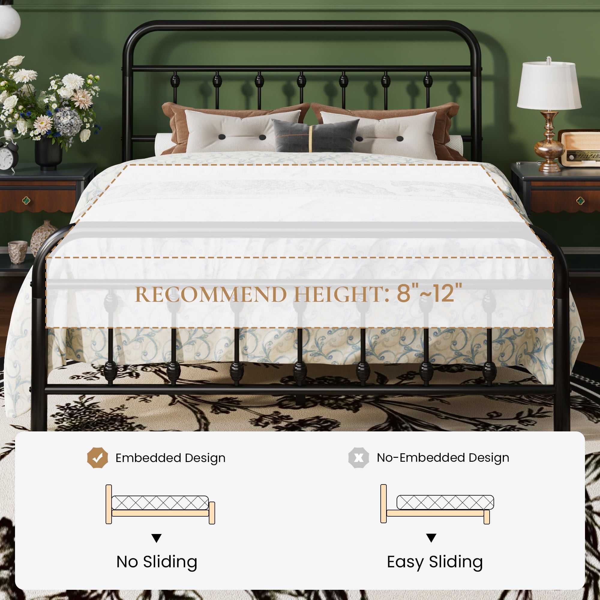 SHA CERLIN Queen Size Metal Platform Bed Frame with Victorian Style Iron-Art Headboard and Footboard, Easy Assembly, Under Bed Storage, No Box Spring Required, Black