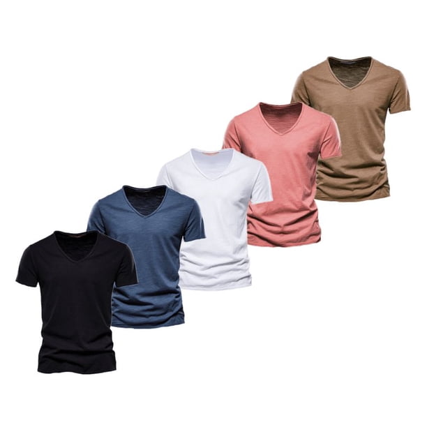 Camiseta de manga corta AIOPESON 5 piezas marca hombres Casual Color sólido Slim Fit cuello en V 100% algodón AIOPESON Mangas cortas de algodón con cuello en V.