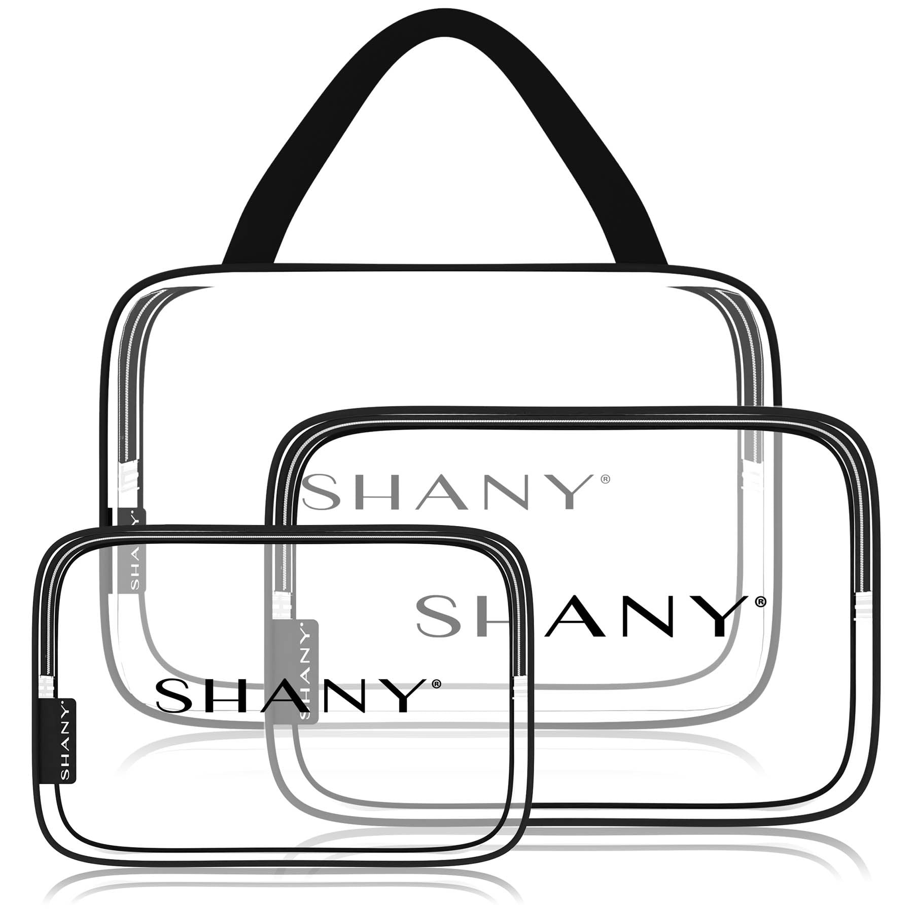 SHANY Clear PVC Toiletry and Makeup Carry-On Bag Set - Assorted Sizes Travel Cosmetic Organizers with Black Trim - 3PC Set