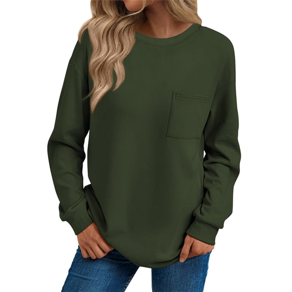 SHIBEVER Long Sleeve Shirts for Womens Tops for Women Trendy Casual Womens Crew Neck Shirt with Pocket Fall Shirts for Women 2025 Winter Clothes Army Green XL