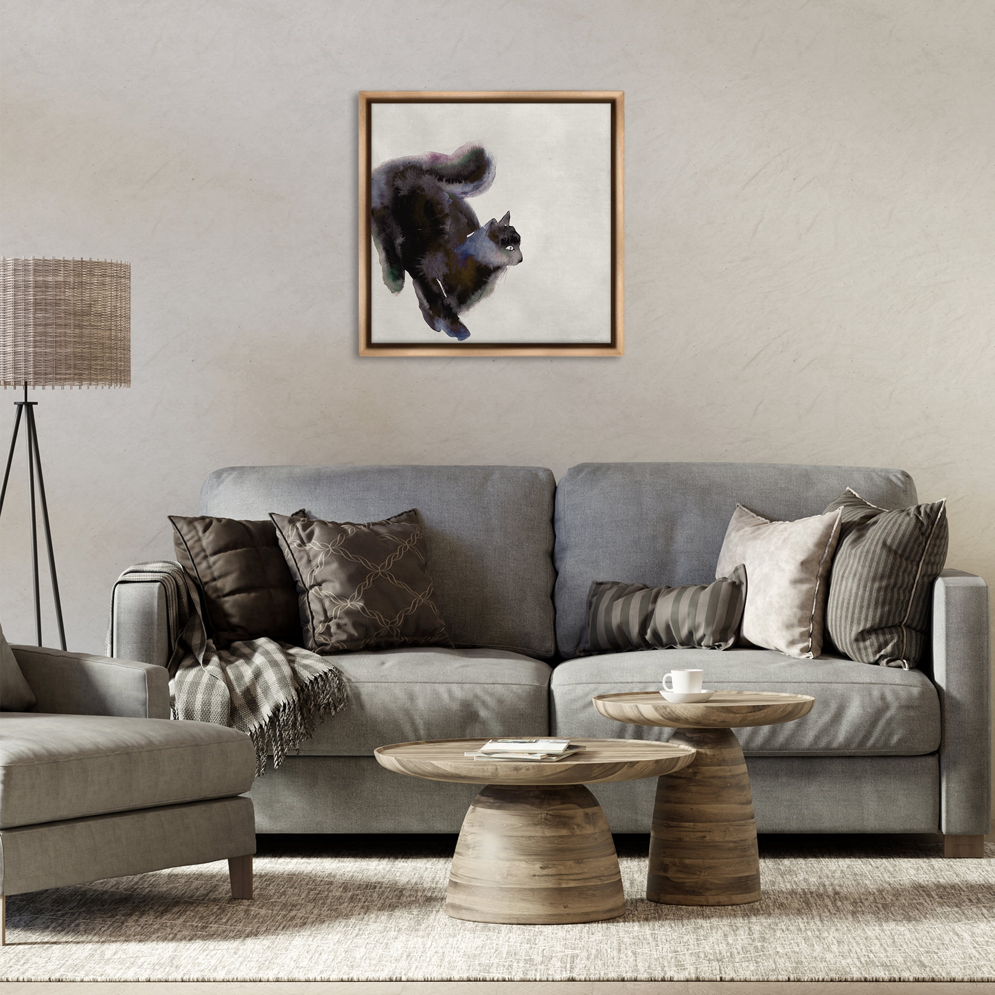 Stupell Industries Black Cat Watercolor Animals Painting Brown Floater Framed Canvas Art Print Wall Art, 25 x 25