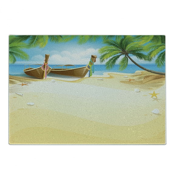 Beach Cutting Board, Paradise Island Coconut Tree and Boats Tropical Coastline Relaxation Environment, Decorative Tempered Glass Cutting and Serving Board, Small Size, Multicolor, by Ambesonne